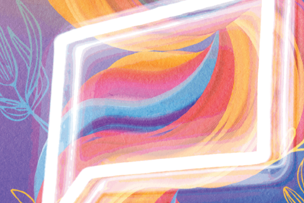 Colourful rectangular visual of blue and yellow florals on a gradient, purple and blue background featuring a white square speech bubble.